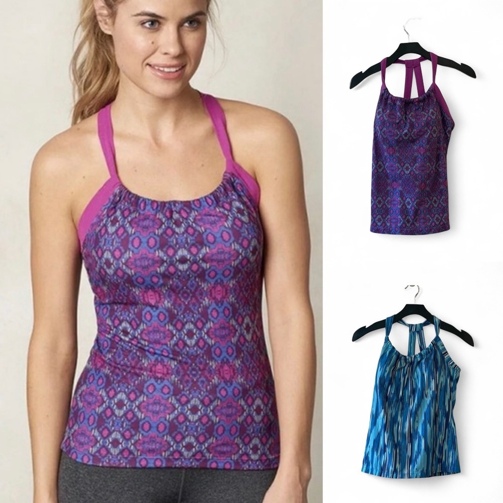BUNDLE PrAna Quinn Chakara Top Athletic Halter Purple Blue Print Yoga Workout